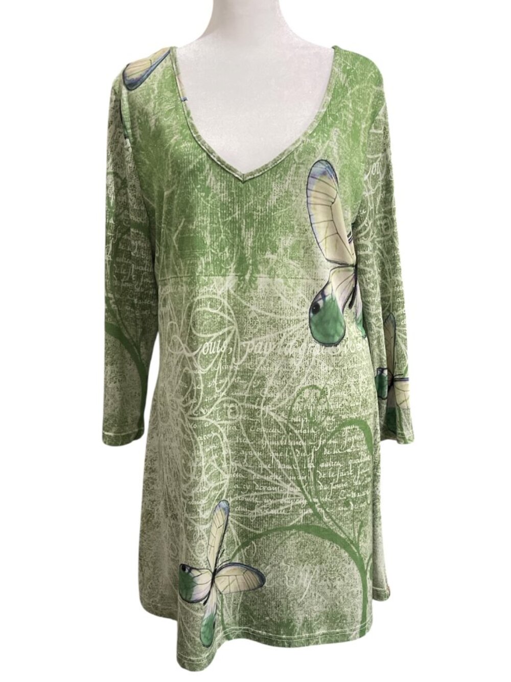 Green Butterfly Print V-Neck Three-Quarter Sleeve Knit Tunic Top Large EUC